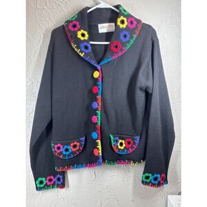 Lisa‎ Nichols Vintage Sweater Black Multicolored Collar Womens Size Medium